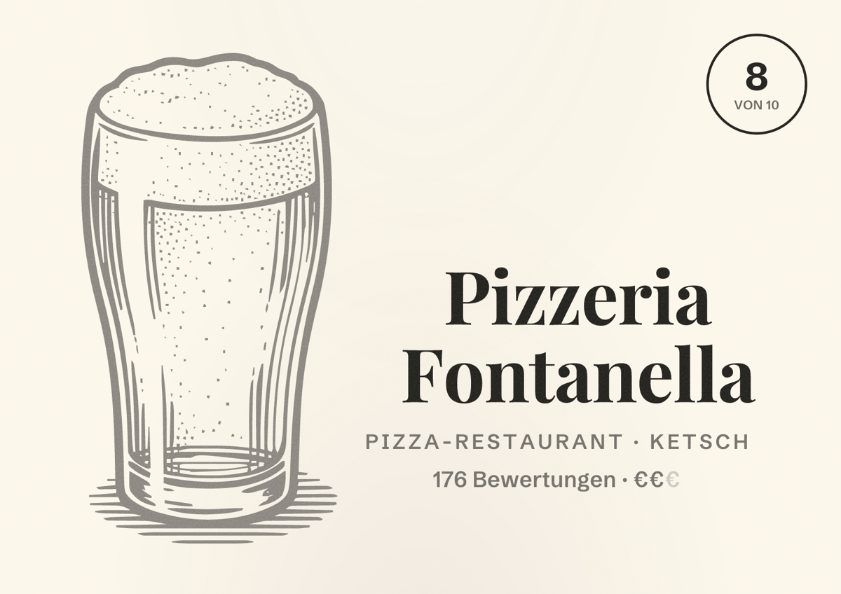 Illustriertes Poster von Pizzeria Fontanella, Pizza-Restaurant in Ketsch: Bewertung 8 von 10 aus 176 Bewertungen, Preisniveau €€