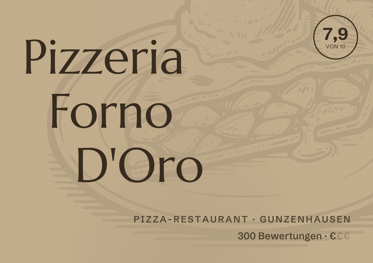 Illustriertes Poster von Pizzeria Forno D'Oro, Pizza-Restaurant in Gunzenhausen: Bewertung 7,9 von 10 aus 300 Bewertungen, Preisniveau €