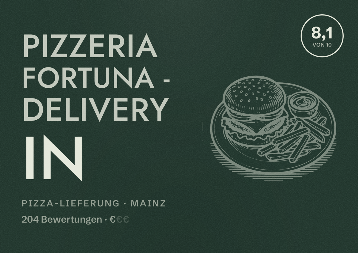 Illustriertes Poster von Pizzeria Fortuna - Delivery in, Pizza-Lieferung in Mainz: Bewertung 8,1 von 10 aus 204 Bewertungen, Preisniveau €