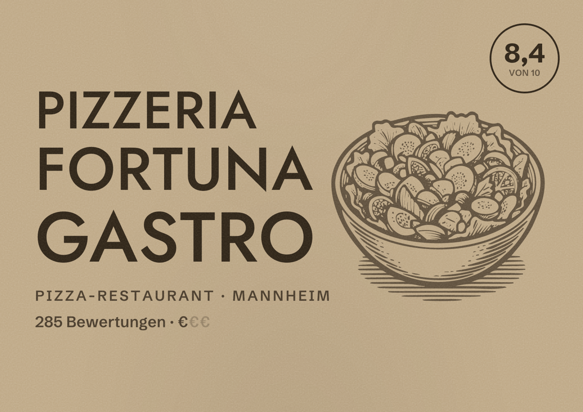 Illustriertes Poster von Pizzeria Fortuna Gastro, Pizza-Restaurant in Mannheim: Bewertung 8,4 von 10 aus 285 Bewertungen, Preisniveau €