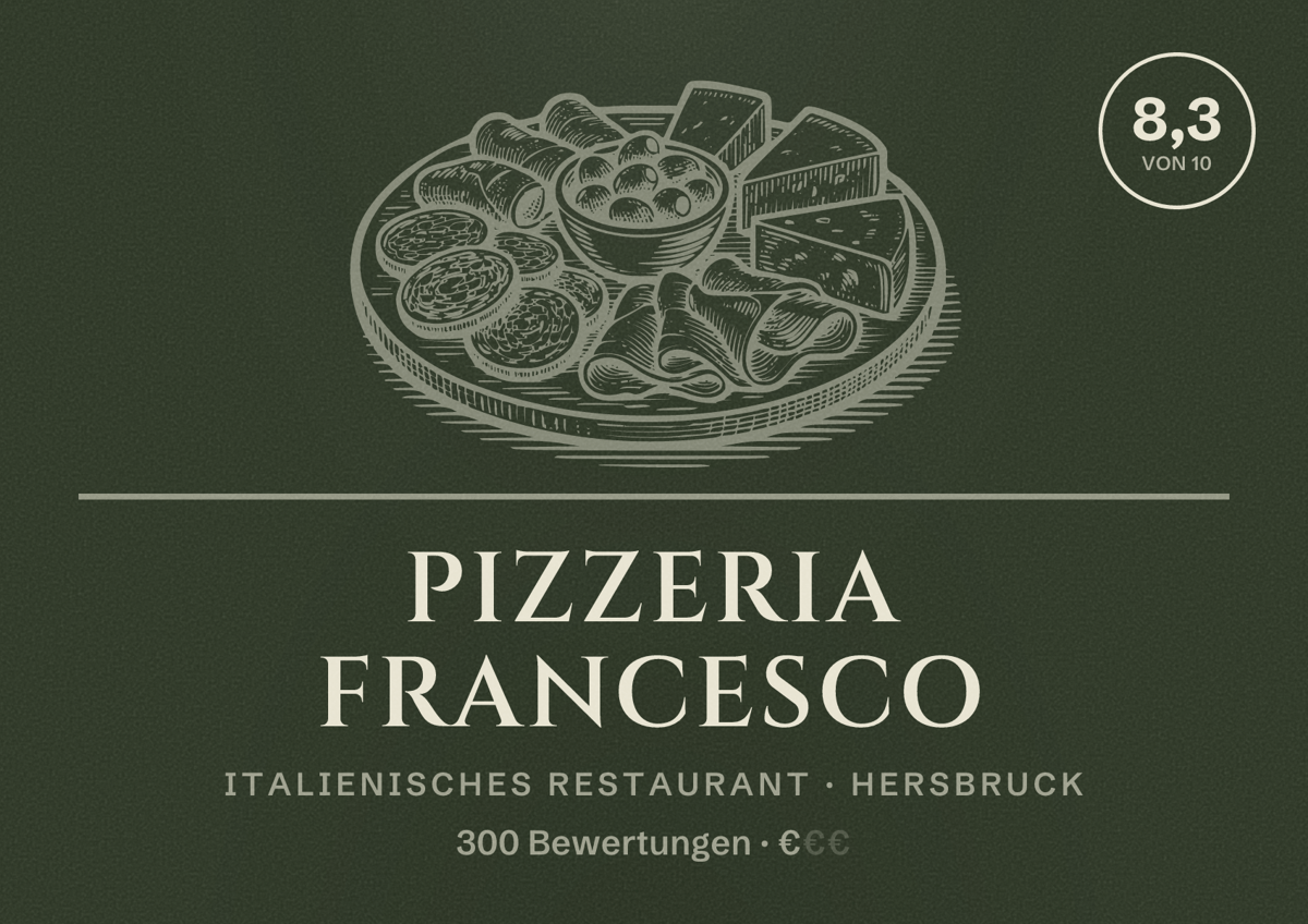 Illustriertes Poster von Pizzeria Francesco, Italienisches Restaurant in Hersbruck: Bewertung 8,3 von 10 aus 300 Bewertungen, Preisniveau €