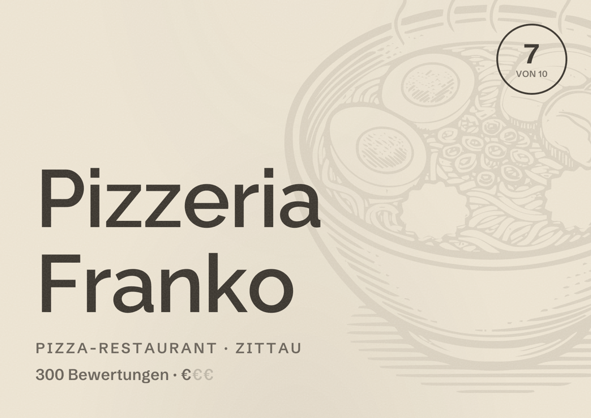 Illustriertes Poster von Pizzeria Franko, Pizza-Restaurant in Zittau: Bewertung 7 von 10 aus 300 Bewertungen, Preisniveau €