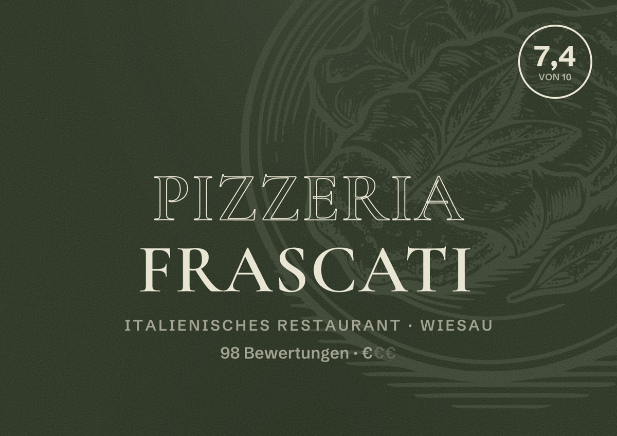 Illustriertes Poster von Pizzeria Frascati, Italienisches Restaurant in Wiesau: Bewertung 7,4 von 10 aus 98 Bewertungen, Preisniveau €