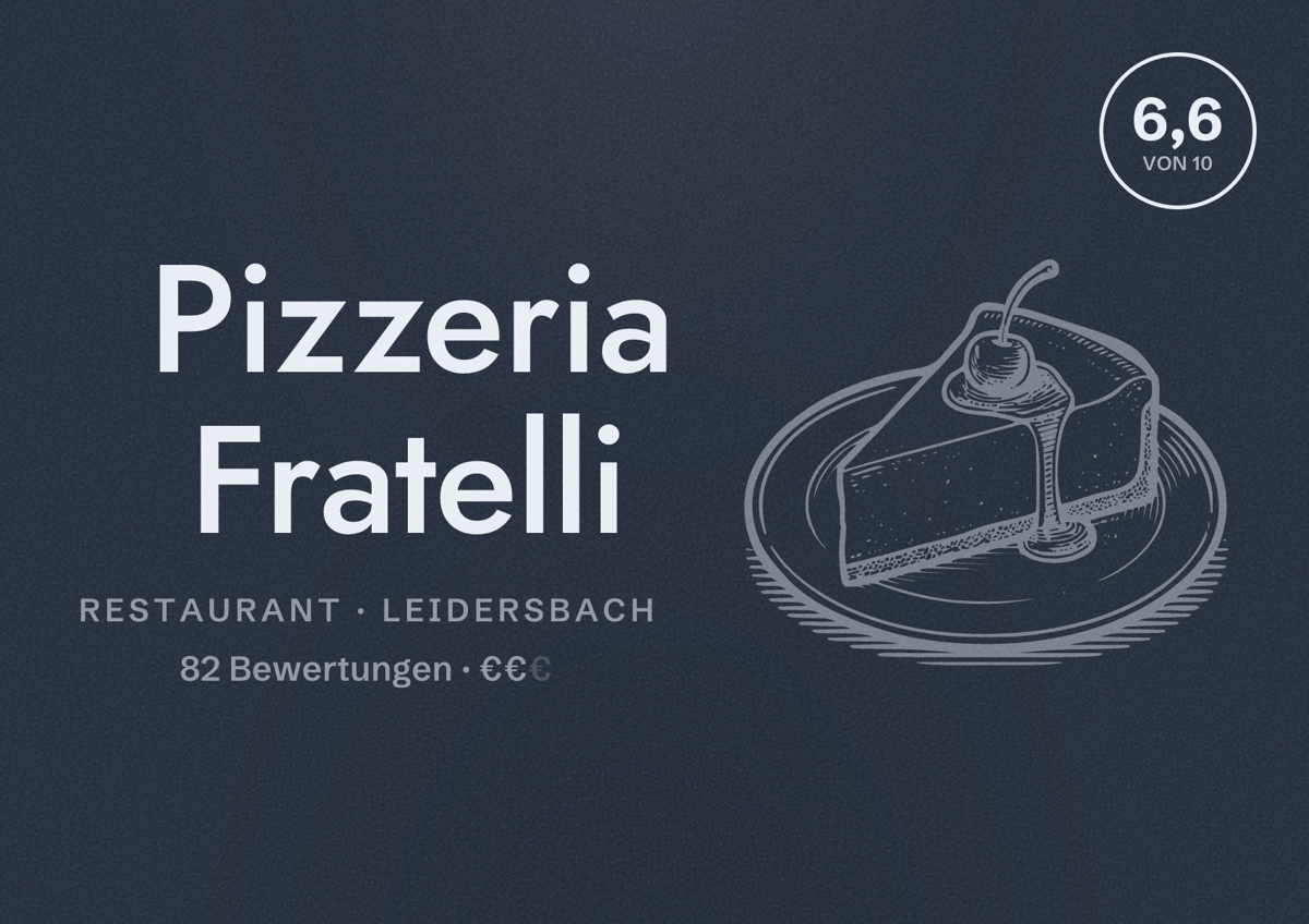 Illustriertes Poster von Pizzeria Fratelli, Restaurant in Leidersbach: Bewertung 6,6 von 10 aus 82 Bewertungen, Preisniveau €€