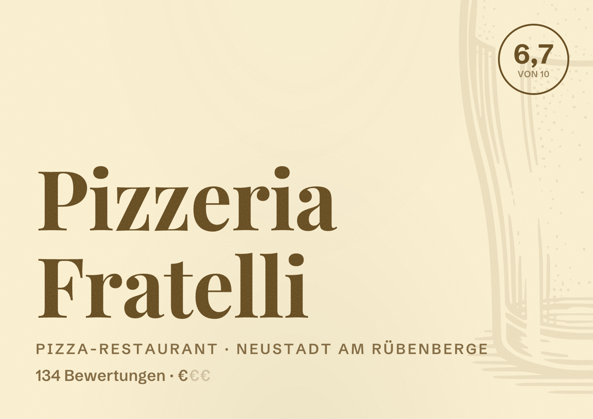 Illustriertes Poster von Pizzeria Fratelli, Pizza-Restaurant in Neustadt am Rübenberge: Bewertung 6,7 von 10 aus 134 Bewertungen, Preisniveau €