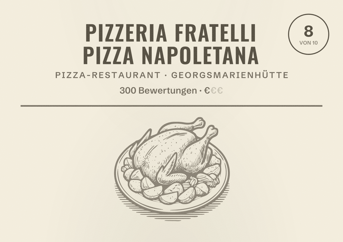 Illustriertes Poster von Pizzeria Fratelli pizza napoletana, Pizza-Restaurant in Georgsmarienhütte: Bewertung 8 von 10 aus 300 Bewertungen, Preisniveau €