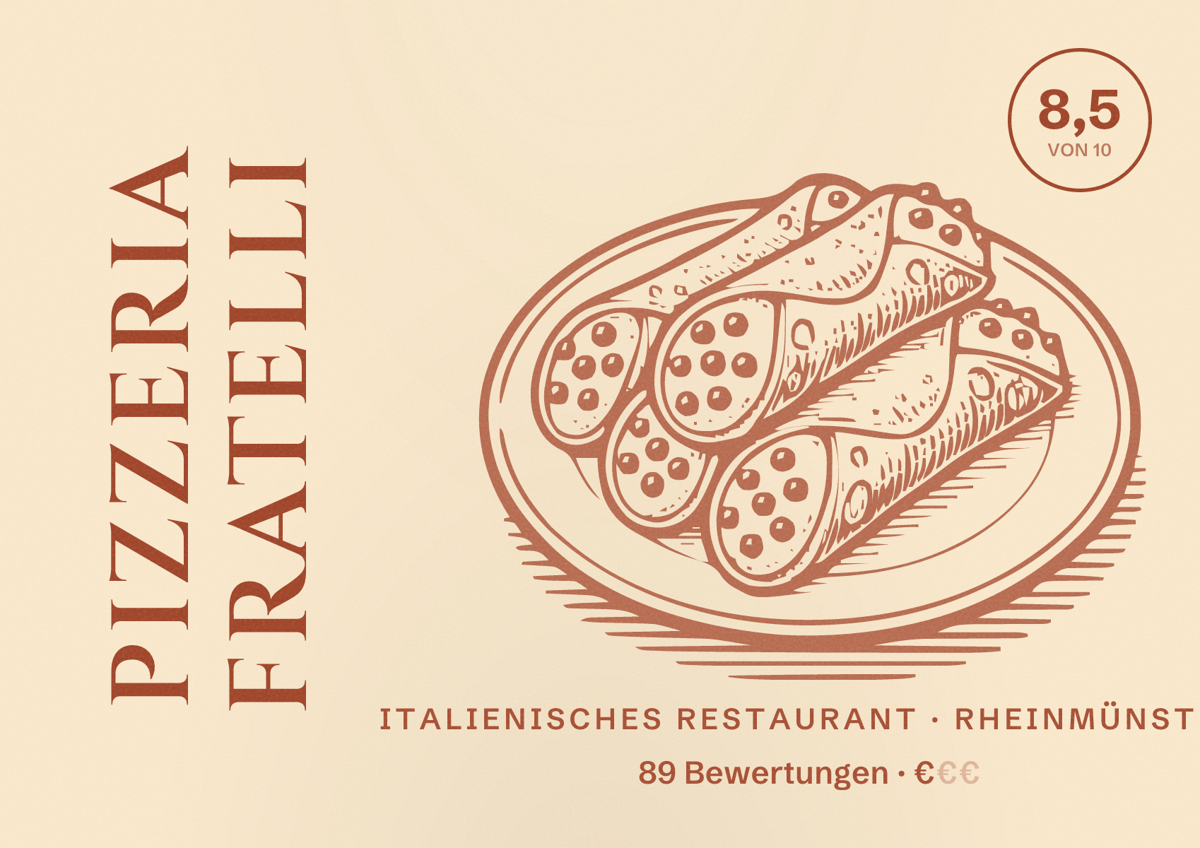 Illustriertes Poster von Pizzeria Fratelli, Italienisches Restaurant in Rheinmünster: Bewertung 8,5 von 10 aus 89 Bewertungen, Preisniveau €