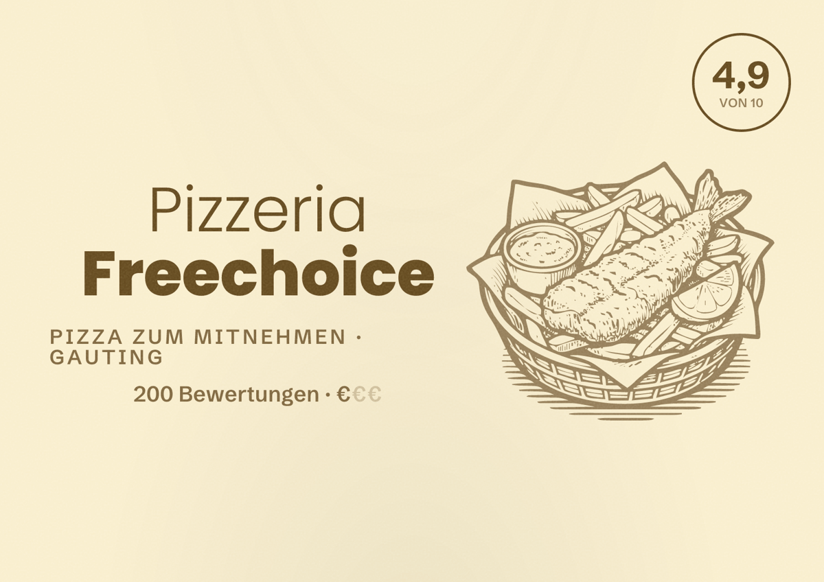 Illustriertes Poster von Pizzeria Freechoice, Pizza zum Mitnehmen in Gauting: Bewertung 4,9 von 10 aus 200 Bewertungen, Preisniveau €
