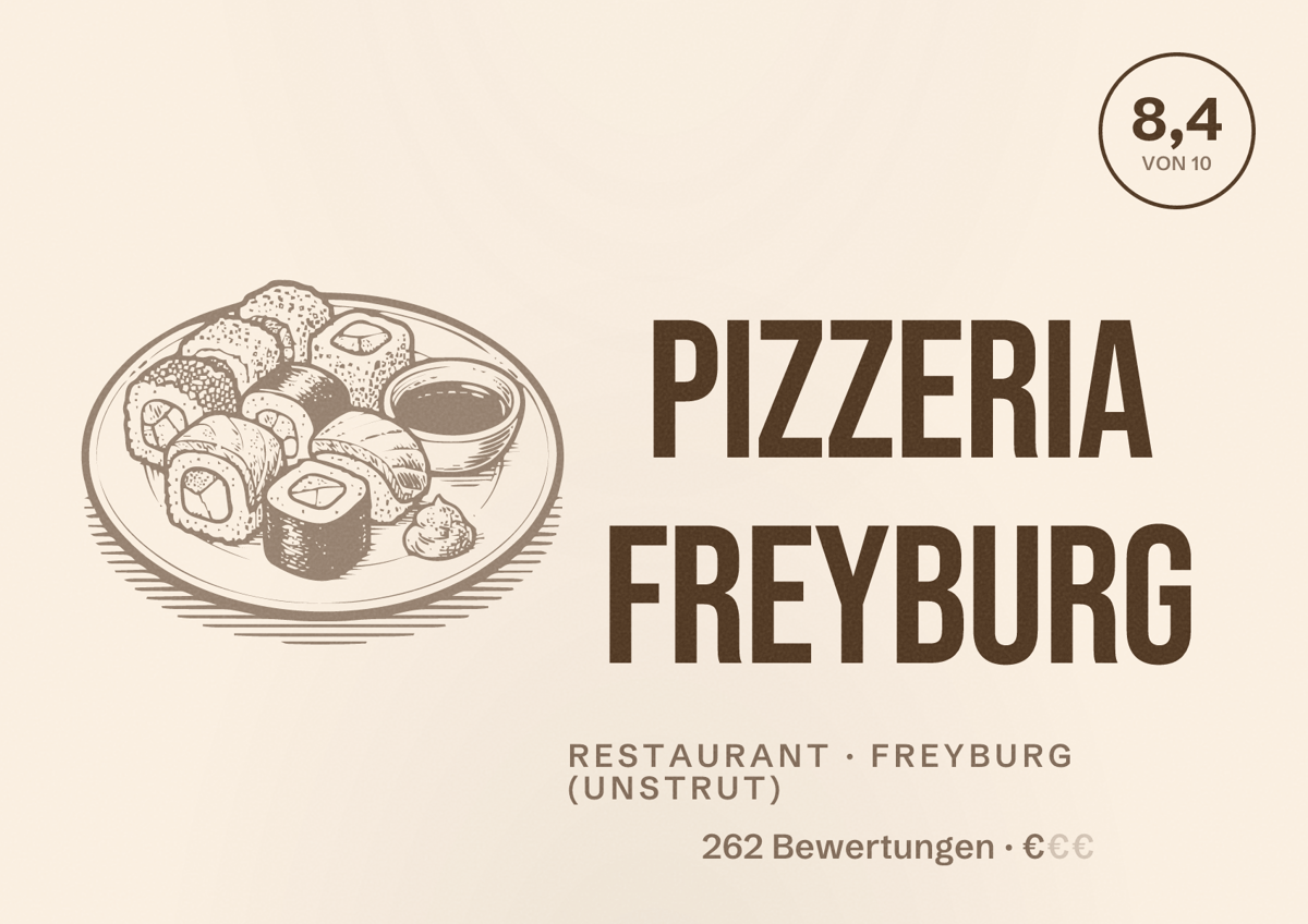 Illustriertes Poster von Pizzeria Freyburg, Restaurant in Freyburg (Unstrut): Bewertung 8,4 von 10 aus 262 Bewertungen, Preisniveau €