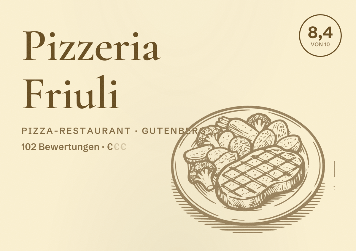 Illustriertes Poster von Pizzeria Friuli, Pizza-Restaurant in Gutenberg: Bewertung 8,4 von 10 aus 102 Bewertungen, Preisniveau €