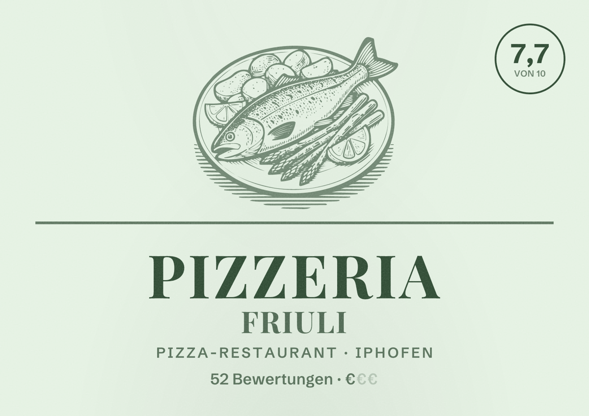 Illustriertes Poster von Pizzeria Friuli, Pizza-Restaurant in Iphofen: Bewertung 7,7 von 10 aus 52 Bewertungen, Preisniveau €
