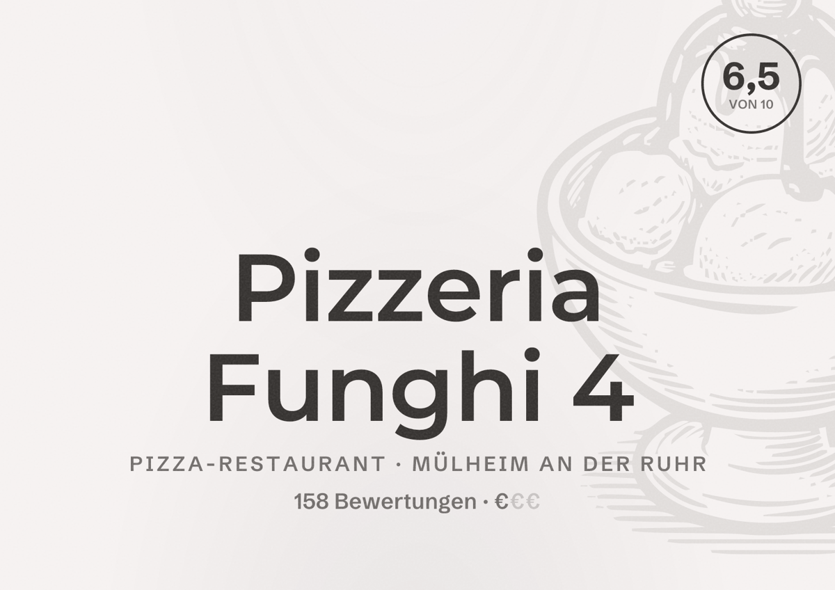 Illustriertes Poster von Pizzeria Funghi 4, Pizza-Restaurant in Mülheim an der Ruhr: Bewertung 6,5 von 10 aus 158 Bewertungen, Preisniveau €