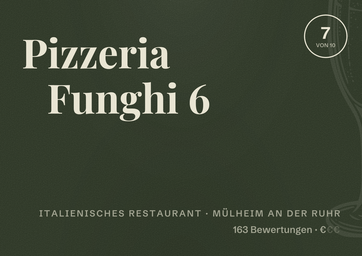 Illustriertes Poster von Pizzeria Funghi 6, Italienisches Restaurant in Mülheim an der Ruhr: Bewertung 7 von 10 aus 163 Bewertungen, Preisniveau €