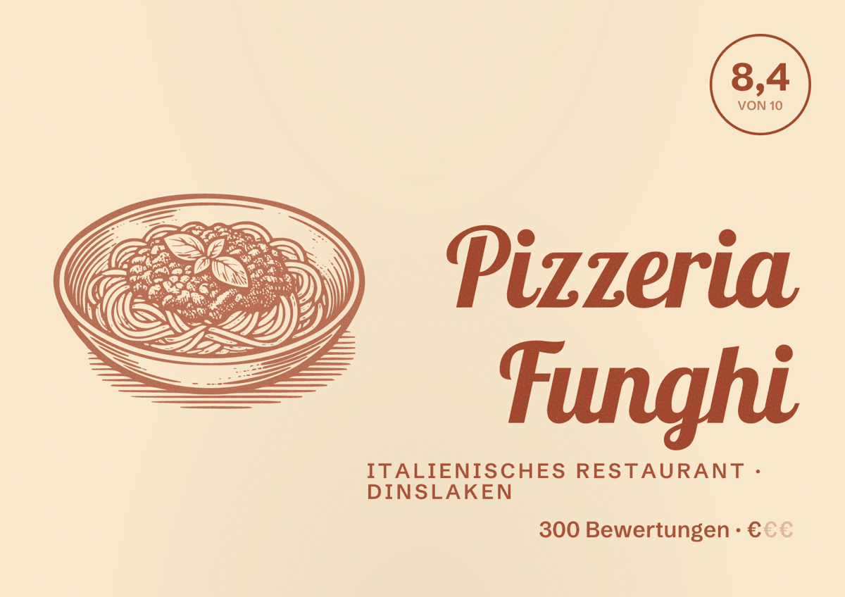 Illustriertes Poster von Pizzeria Funghi, Italienisches Restaurant in Dinslaken: Bewertung 8,4 von 10 aus 300 Bewertungen, Preisniveau €