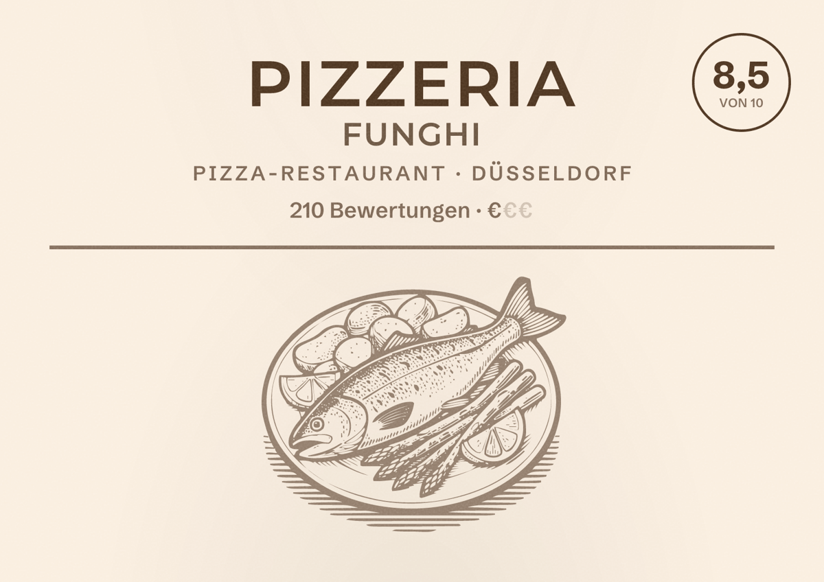 Illustriertes Poster von Pizzeria Funghi, Pizza-Restaurant in Düsseldorf: Bewertung 8,5 von 10 aus 210 Bewertungen, Preisniveau €