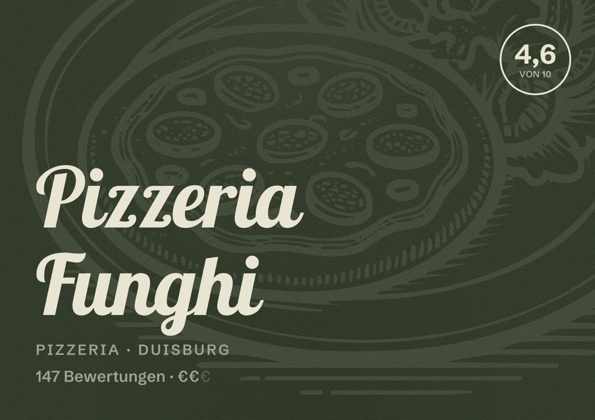 Illustriertes Poster von Pizzeria Funghi, Pizzeria in Duisburg: Bewertung 4,6 von 10 aus 147 Bewertungen, Preisniveau €€