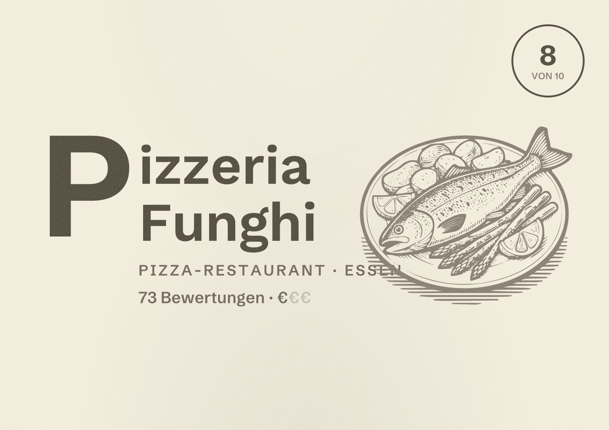Illustriertes Poster von Pizzeria Funghi, Pizza-Restaurant in Essen: Bewertung 8 von 10 aus 73 Bewertungen, Preisniveau €
