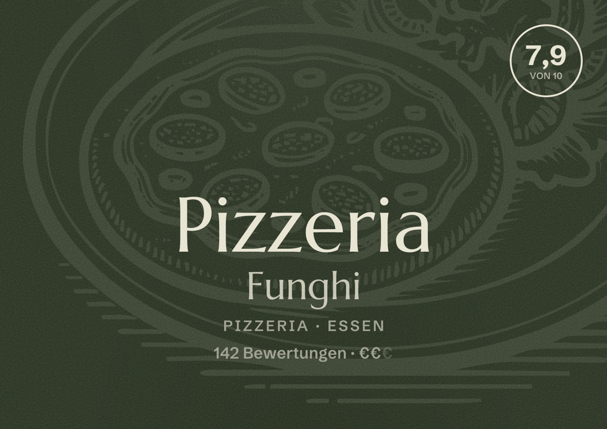 Illustriertes Poster von Pizzeria Funghi, Pizzeria in Essen: Bewertung 7,9 von 10 aus 142 Bewertungen, Preisniveau €€