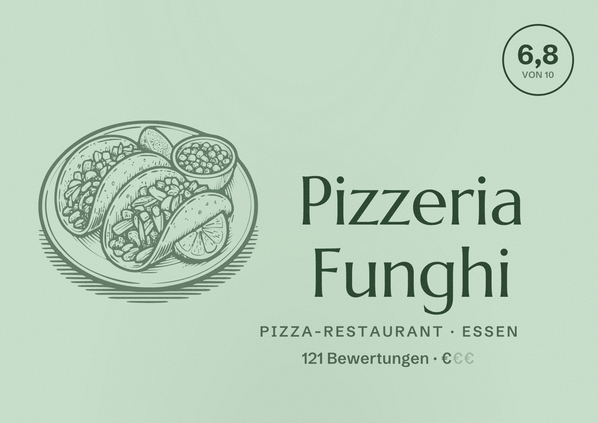 Illustriertes Poster von Pizzeria Funghi, Pizza-Restaurant in Essen: Bewertung 6,8 von 10 aus 121 Bewertungen, Preisniveau €