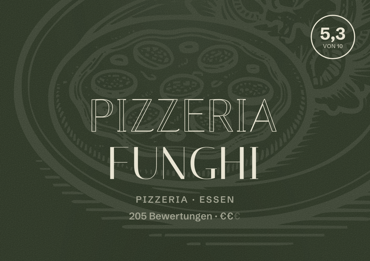 Illustriertes Poster von Pizzeria Funghi, Pizzeria in Essen: Bewertung 5,3 von 10 aus 205 Bewertungen, Preisniveau €€