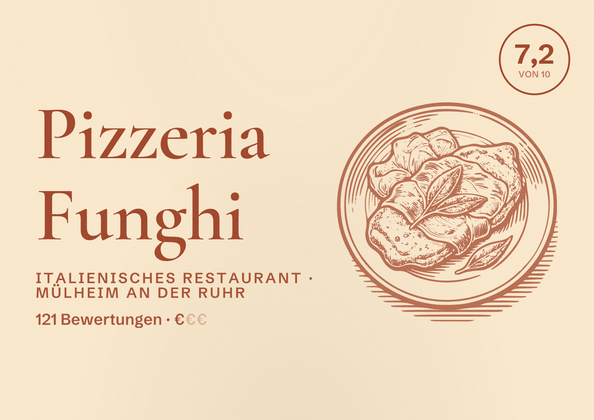 Illustriertes Poster von Pizzeria Funghi, Italienisches Restaurant in Mülheim an der Ruhr: Bewertung 7,2 von 10 aus 121 Bewertungen, Preisniveau €