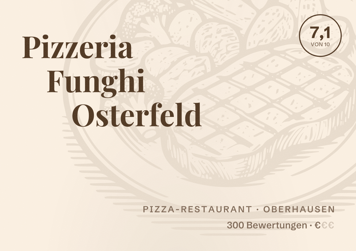 Illustriertes Poster von Pizzeria Funghi Osterfeld, Pizza-Restaurant in Oberhausen: Bewertung 7,1 von 10 aus 300 Bewertungen, Preisniveau €