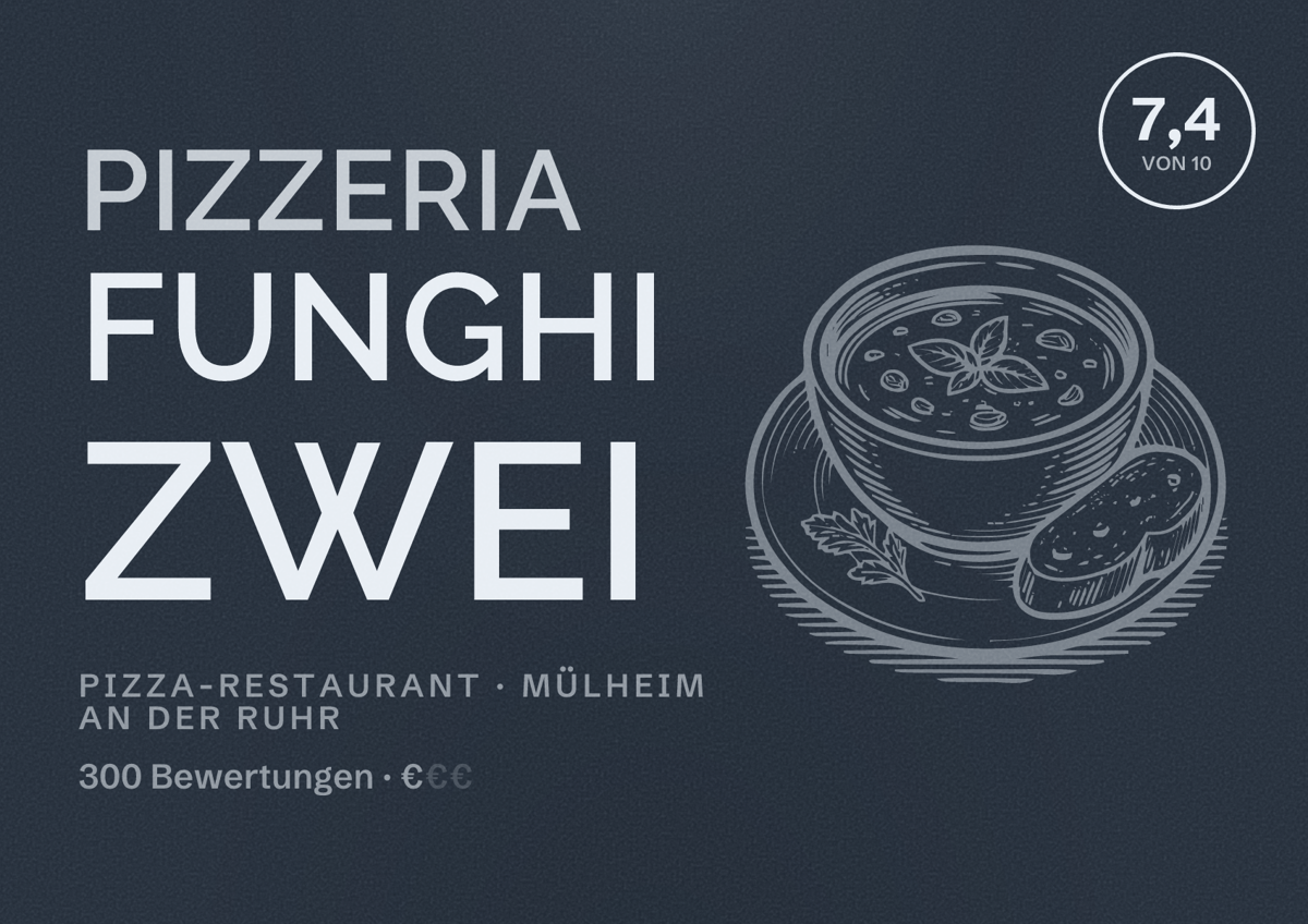 Illustriertes Poster von Pizzeria Funghi Zwei, Pizza-Restaurant in Mülheim an der Ruhr: Bewertung 7,4 von 10 aus 300 Bewertungen, Preisniveau €