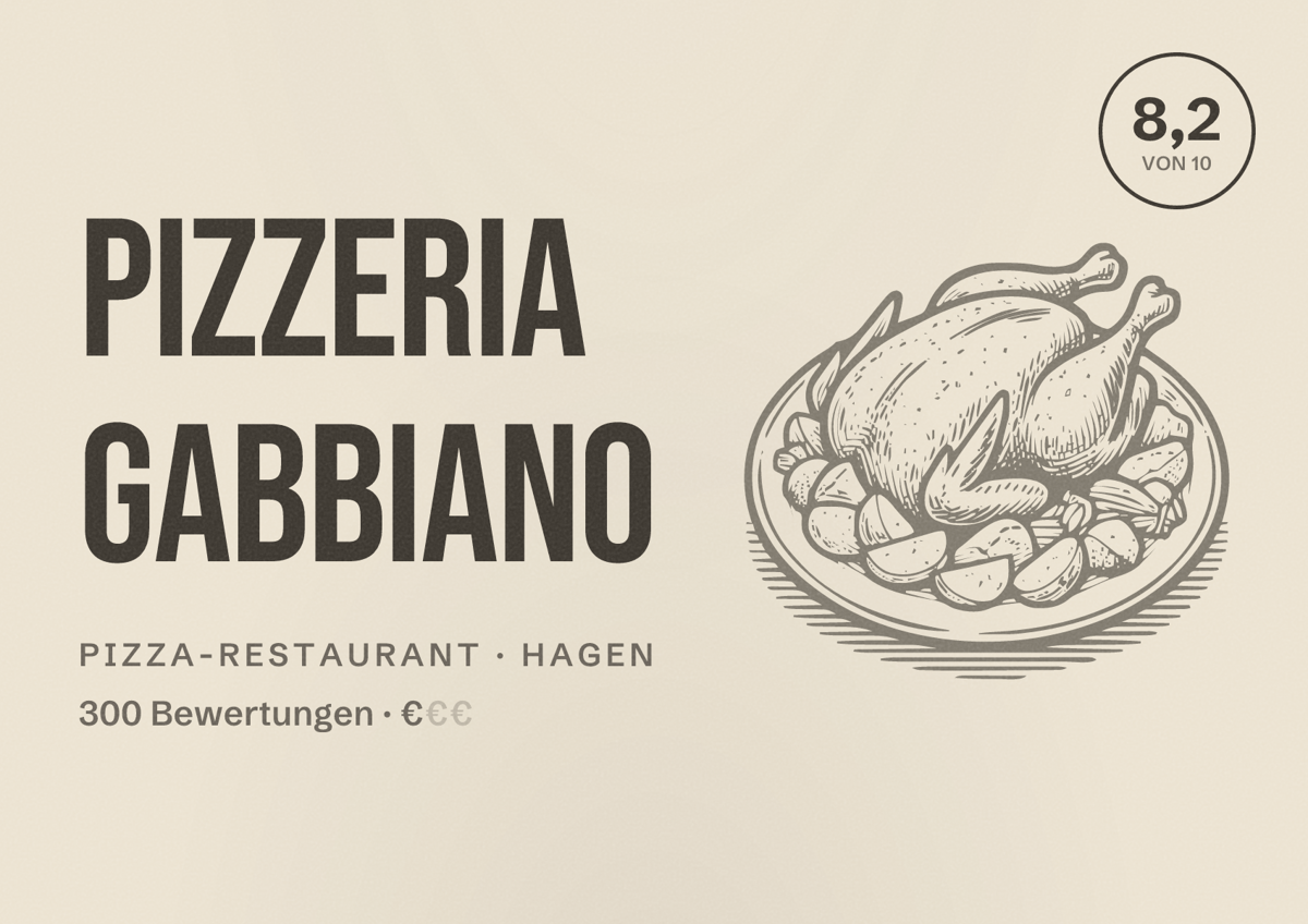 Illustriertes Poster von Pizzeria Gabbiano, Pizza-Restaurant in Hagen: Bewertung 8,2 von 10 aus 300 Bewertungen, Preisniveau €
