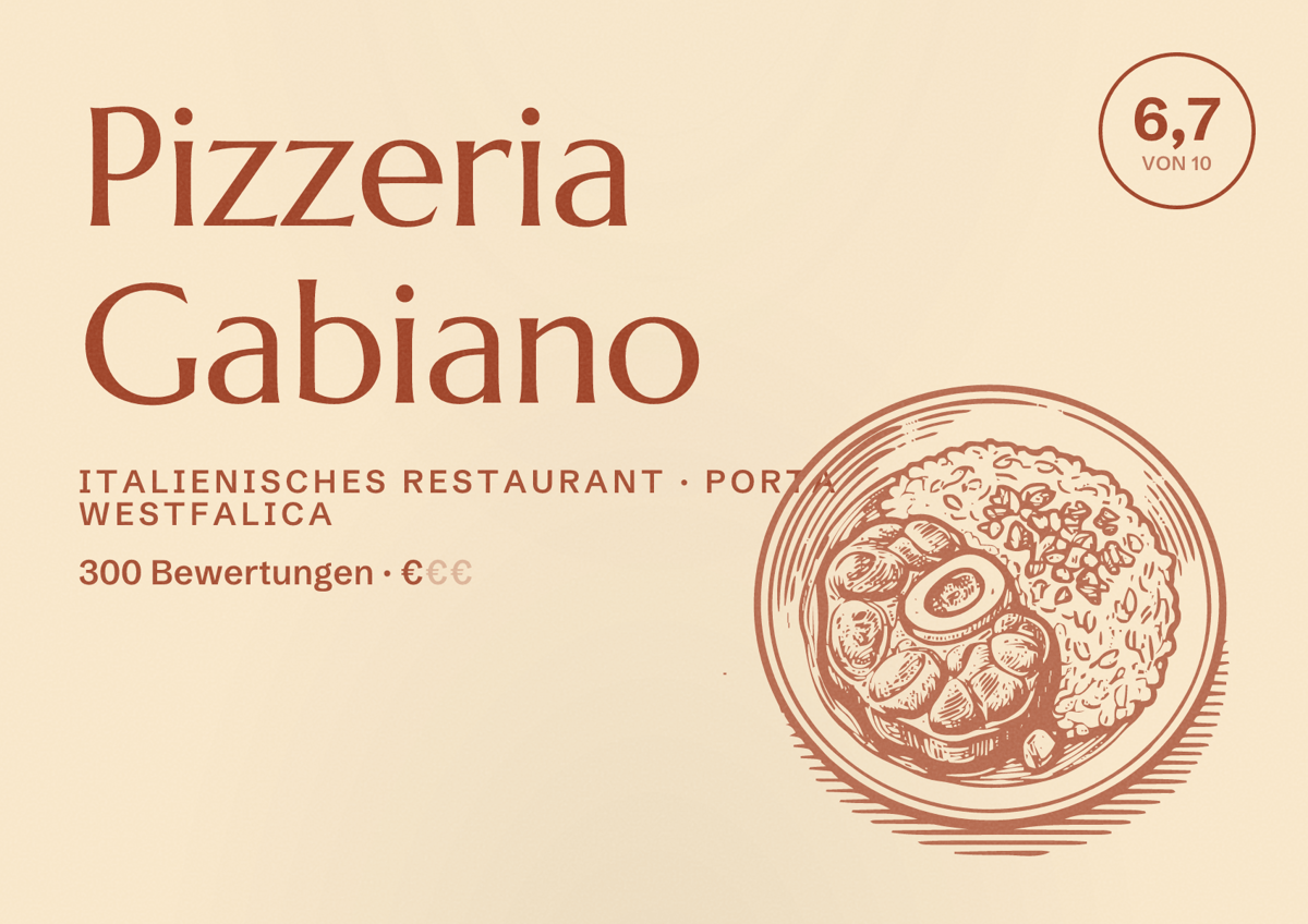 Illustriertes Poster von Pizzeria Gabiano, Italienisches Restaurant in Porta Westfalica: Bewertung 6,7 von 10 aus 300 Bewertungen, Preisniveau €