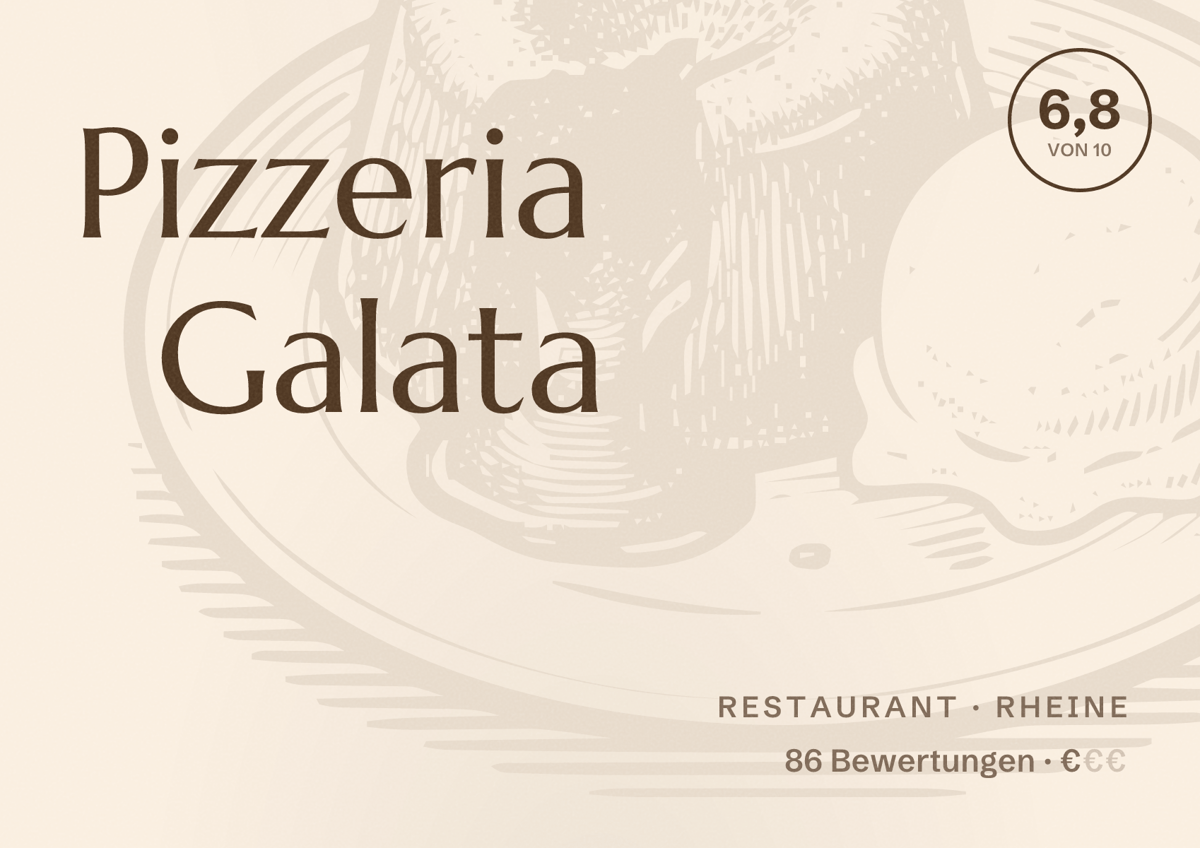 Illustriertes Poster von Pizzeria Galata, Restaurant in Rheine: Bewertung 6,8 von 10 aus 86 Bewertungen, Preisniveau €