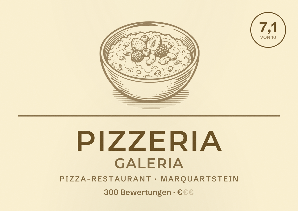 Illustriertes Poster von Pizzeria Galeria, Pizza-Restaurant in Marquartstein: Bewertung 7,1 von 10 aus 300 Bewertungen, Preisniveau €
