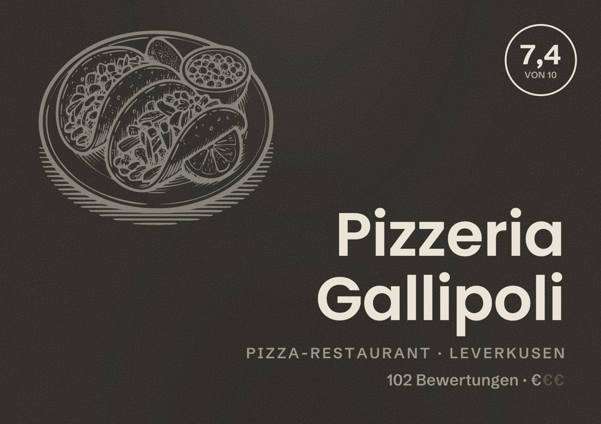 Illustriertes Poster von Pizzeria Gallipoli, Pizza-Restaurant in Leverkusen: Bewertung 7,4 von 10 aus 102 Bewertungen, Preisniveau €