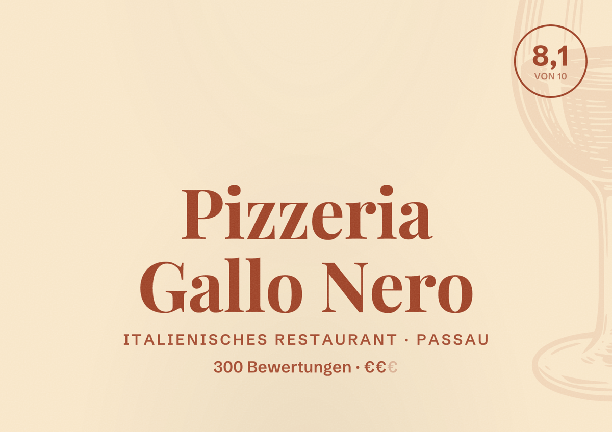 Illustriertes Poster von Pizzeria Gallo Nero, Italienisches Restaurant in Passau: Bewertung 8,1 von 10 aus 300 Bewertungen, Preisniveau €€