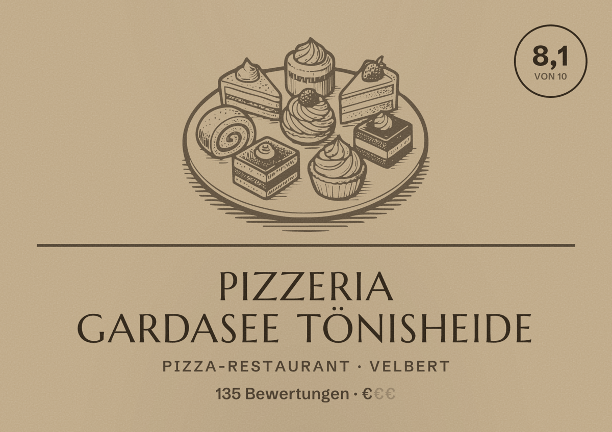 Illustriertes Poster von Pizzeria Gardasee Tönisheide, Pizza-Restaurant in Velbert: Bewertung 8,1 von 10 aus 135 Bewertungen, Preisniveau €