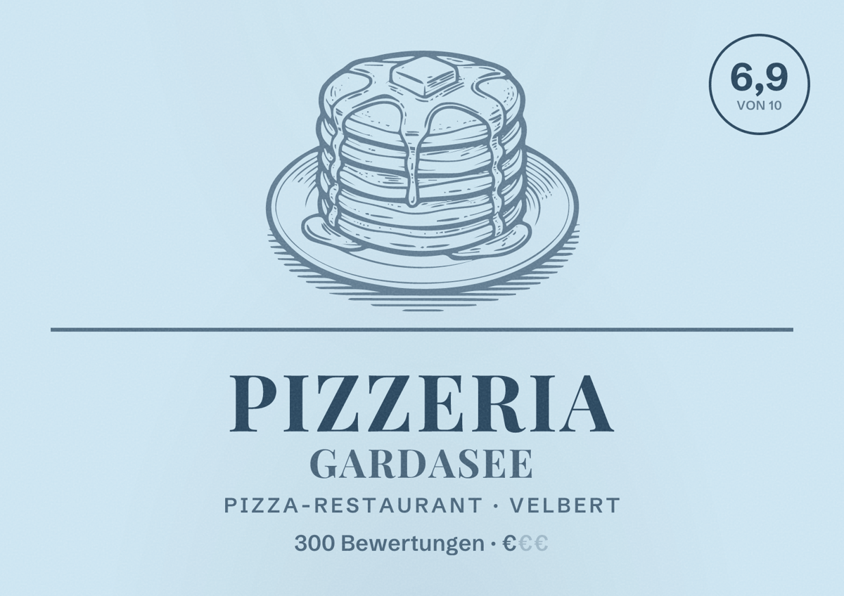 Illustriertes Poster von Pizzeria Gardasee, Pizza-Restaurant in Velbert: Bewertung 6,9 von 10 aus 300 Bewertungen, Preisniveau €