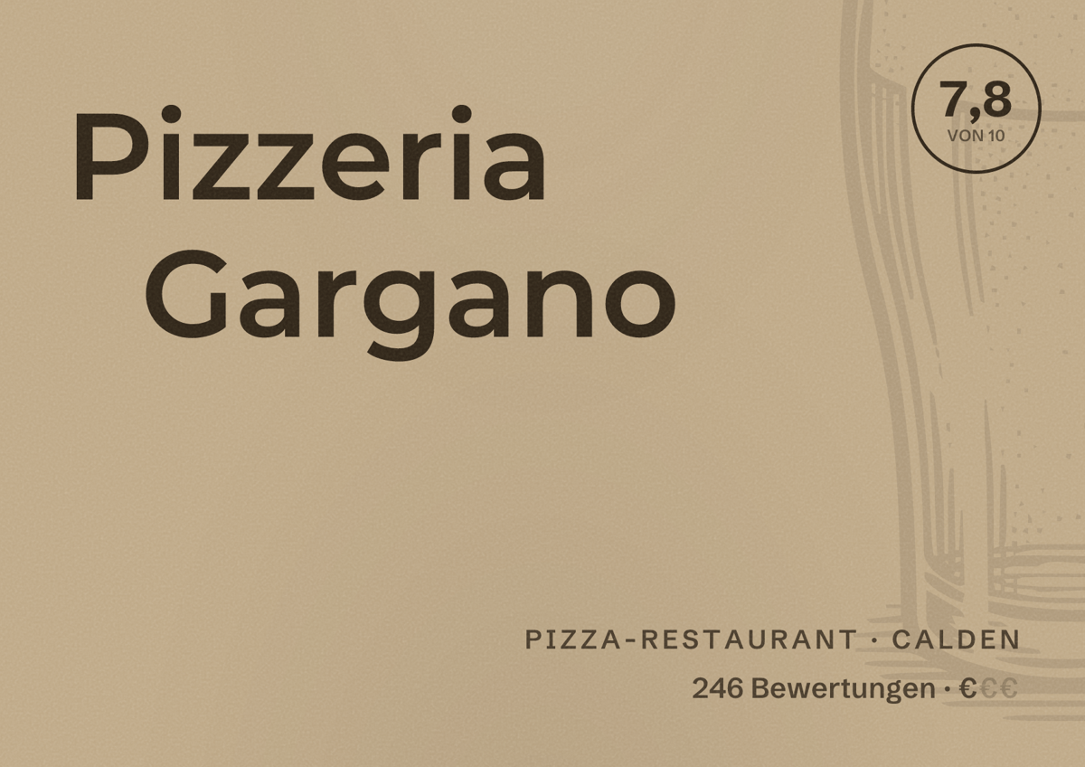 Illustriertes Poster von Pizzeria Gargano, Pizza-Restaurant in Calden: Bewertung 7,8 von 10 aus 246 Bewertungen, Preisniveau €
