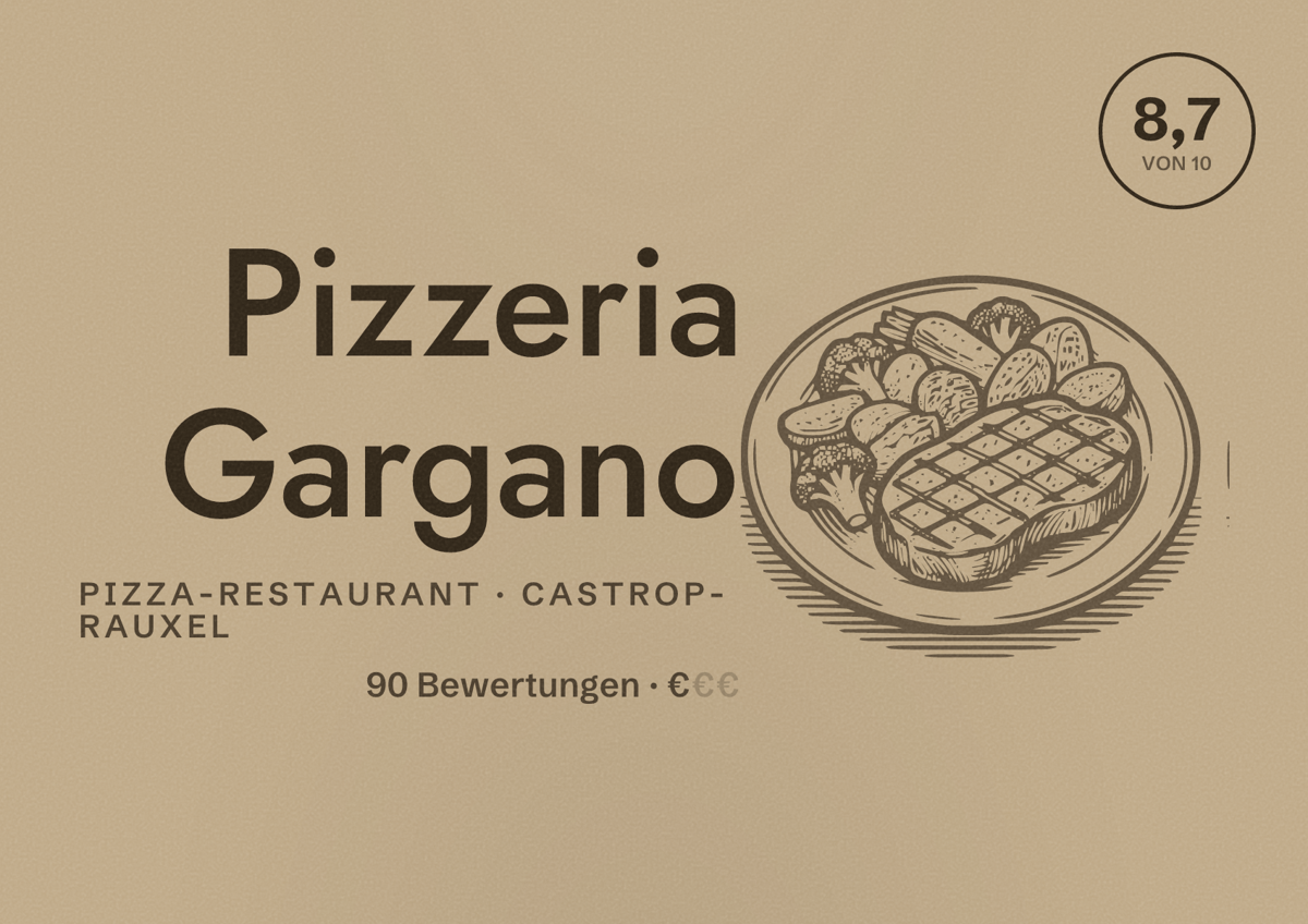 Illustriertes Poster von Pizzeria Gargano, Pizza-Restaurant in Castrop-Rauxel: Bewertung 8,7 von 10 aus 90 Bewertungen, Preisniveau €