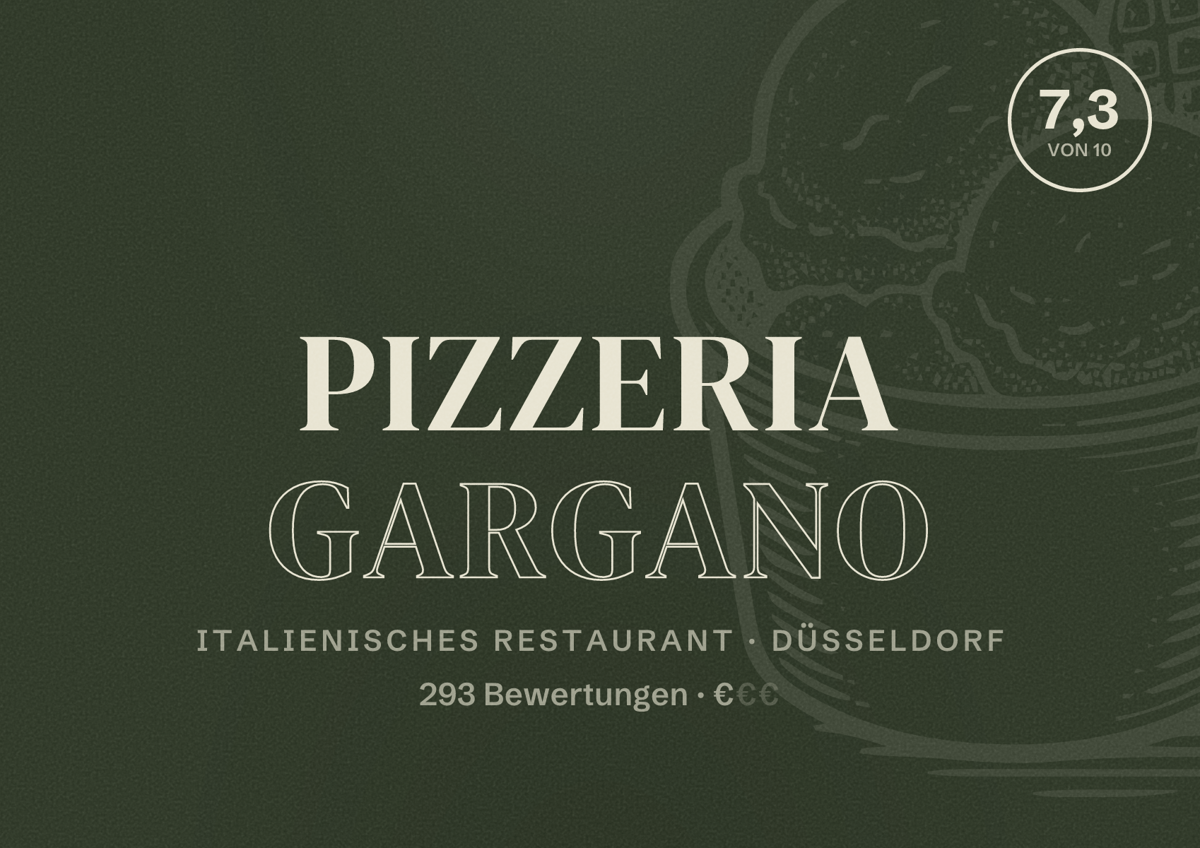 Illustriertes Poster von Pizzeria Gargano, Italienisches Restaurant in Düsseldorf: Bewertung 7,3 von 10 aus 293 Bewertungen, Preisniveau €