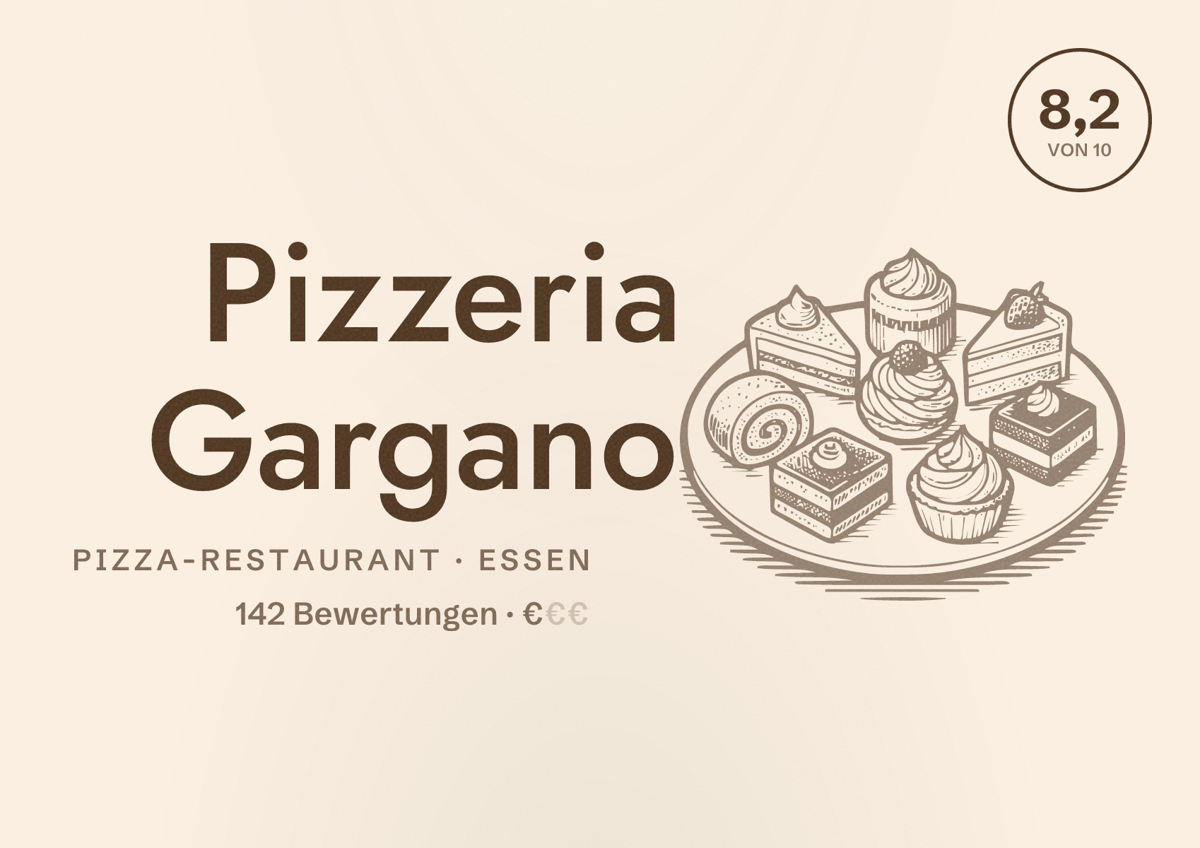 Illustriertes Poster von Pizzeria Gargano, Pizza-Restaurant in Essen: Bewertung 8,2 von 10 aus 142 Bewertungen, Preisniveau €
