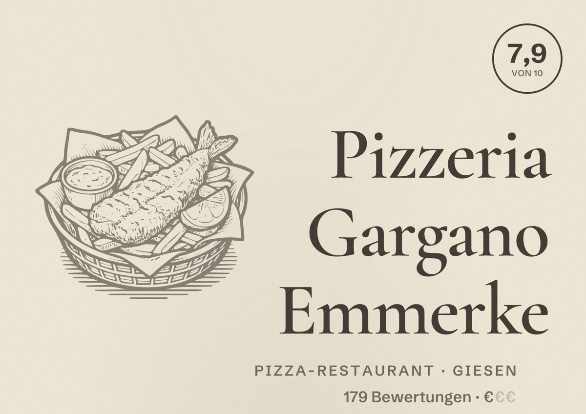 Illustriertes Poster von Pizzeria Gargano Emmerke, Pizza-Restaurant in Giesen: Bewertung 7,9 von 10 aus 179 Bewertungen, Preisniveau €
