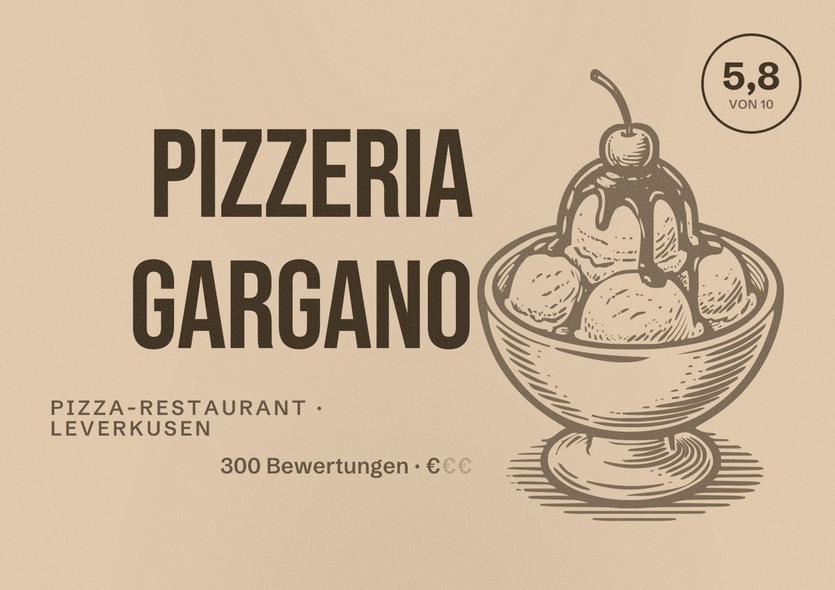 Illustriertes Poster von Pizzeria Gargano, Pizza-Restaurant in Leverkusen: Bewertung 5,8 von 10 aus 300 Bewertungen, Preisniveau €