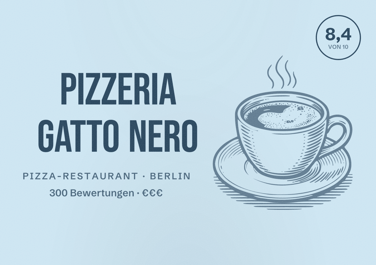 Illustriertes Poster von Pizzeria Gatto Nero, Pizza-Restaurant in Berlin: Bewertung 8,4 von 10 aus 300 Bewertungen, Preisniveau €€€