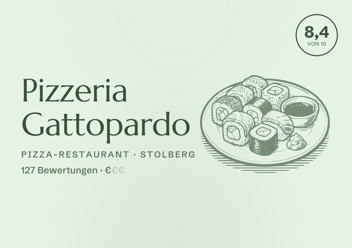 Illustriertes Poster von Pizzeria Gattopardo, Pizza-Restaurant in Stolberg: Bewertung 8,4 von 10 aus 127 Bewertungen, Preisniveau €