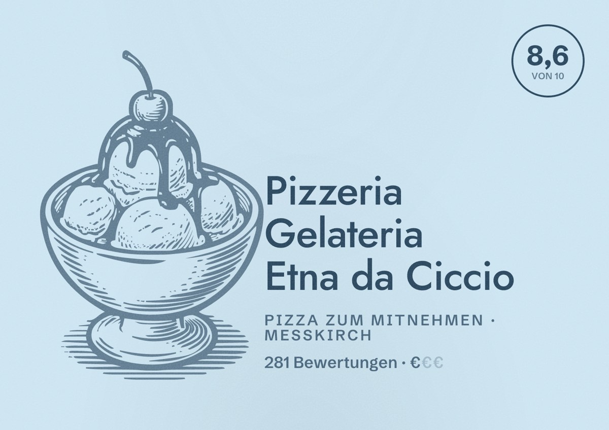 Illustriertes Poster von Pizzeria Gelateria Etna da Ciccio, Pizza zum Mitnehmen in Messkirch: Bewertung 8,6 von 10 aus 281 Bewertungen, Preisniveau €