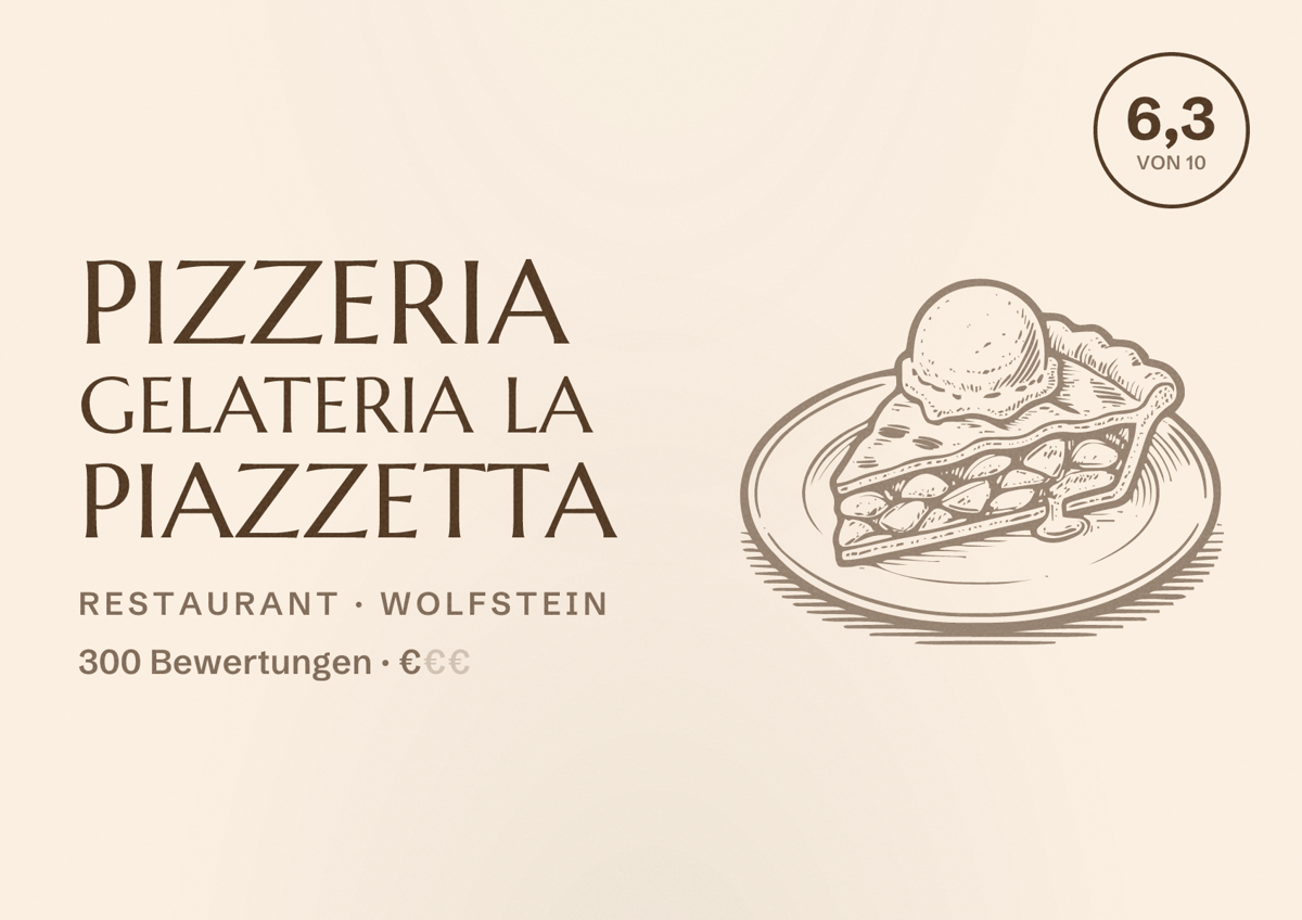 Illustriertes Poster von Pizzeria Gelateria La Piazzetta, Restaurant in Wolfstein: Bewertung 6,3 von 10 aus 300 Bewertungen, Preisniveau €