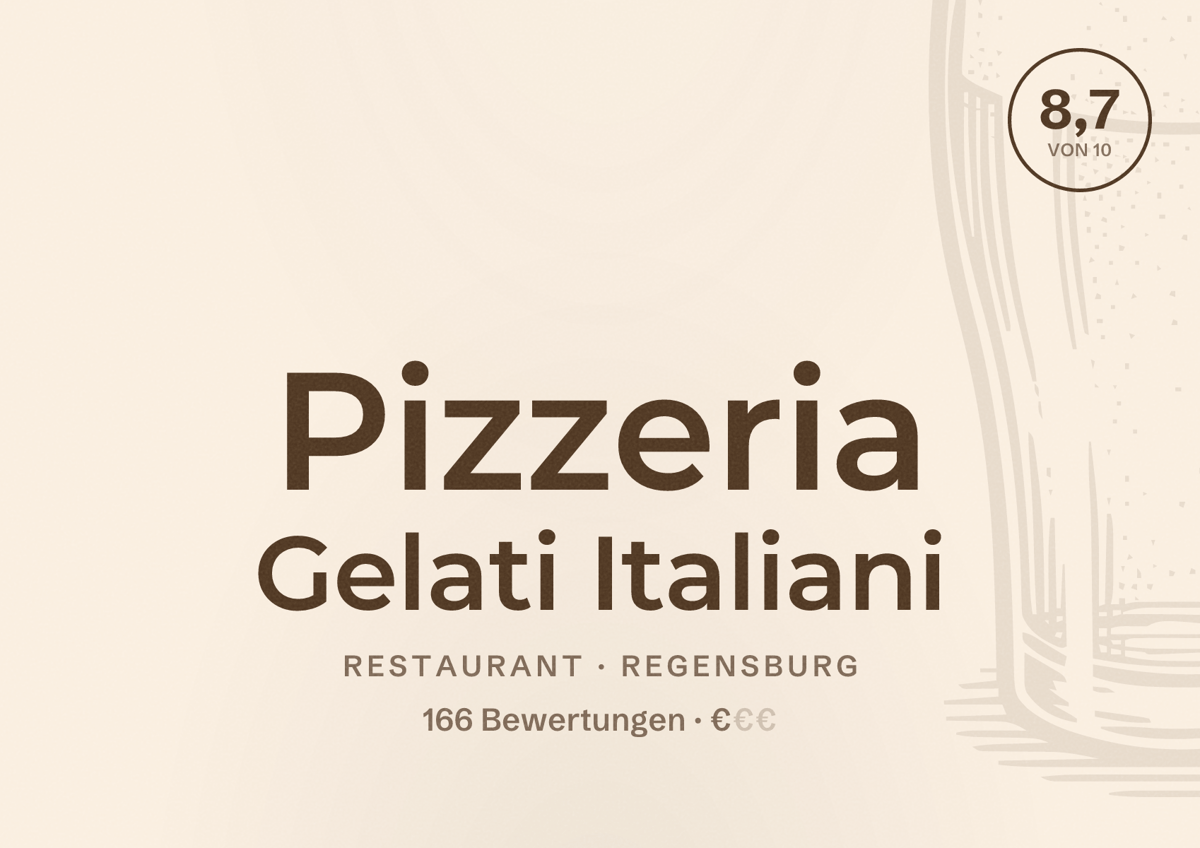 Illustriertes Poster von Pizzeria Gelati Italiani, Restaurant in Regensburg: Bewertung 8,7 von 10 aus 166 Bewertungen, Preisniveau €