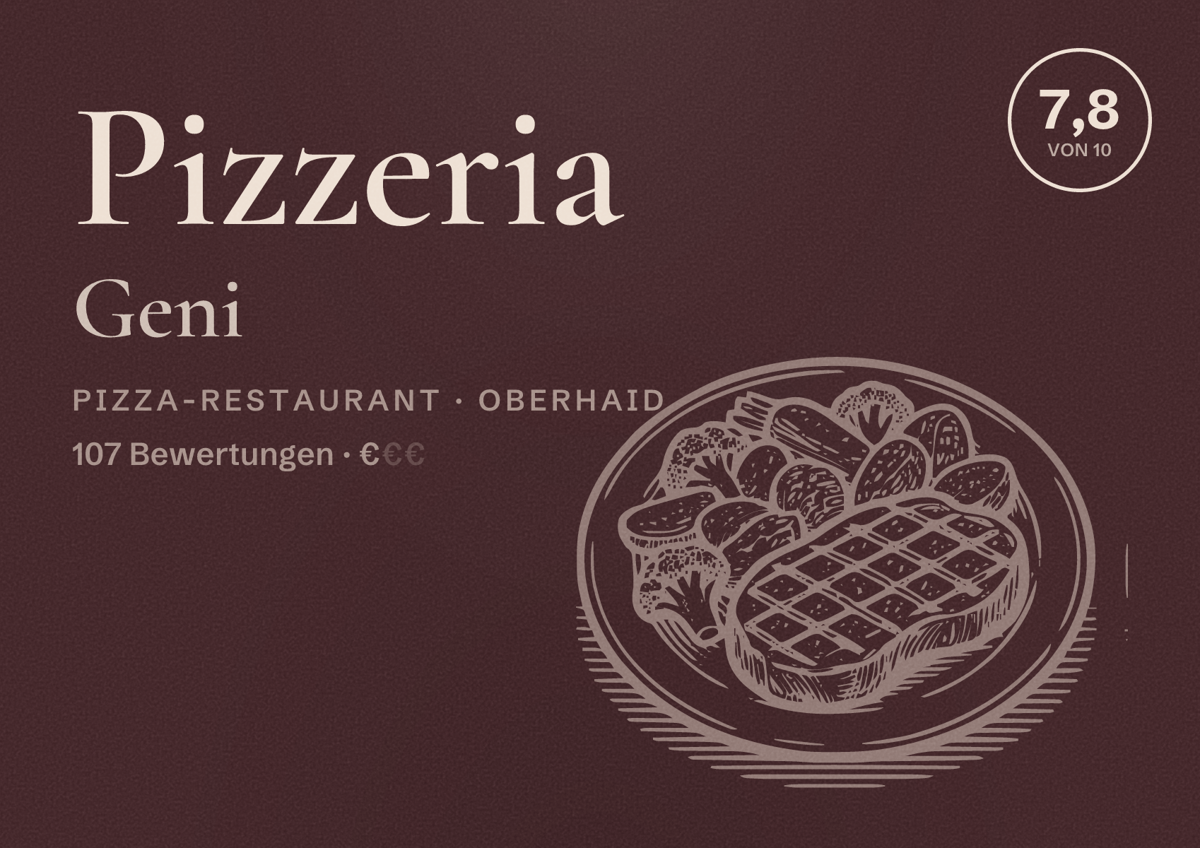 Illustriertes Poster von Pizzeria Geni, Pizza-Restaurant in Oberhaid: Bewertung 7,8 von 10 aus 107 Bewertungen, Preisniveau €