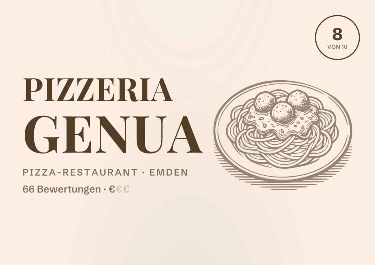 Illustriertes Poster von Pizzeria Genua, Pizza-Restaurant in Emden: Bewertung 8 von 10 aus 66 Bewertungen, Preisniveau €
