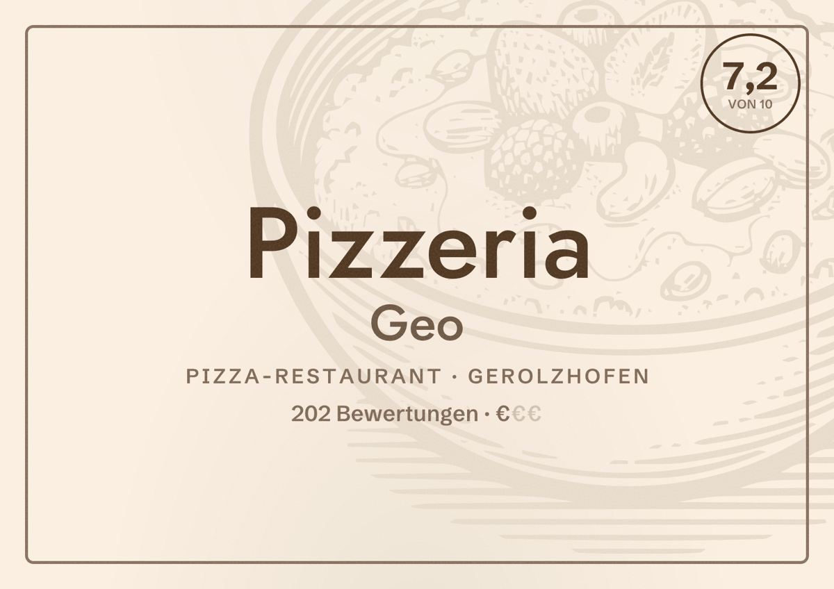 Illustriertes Poster von Pizzeria Geo, Pizza-Restaurant in Gerolzhofen: Bewertung 7,2 von 10 aus 202 Bewertungen, Preisniveau €