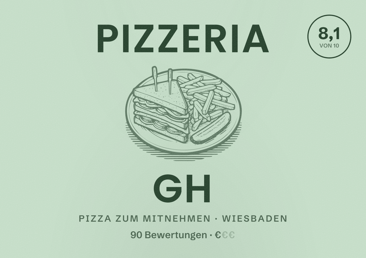 Illustriertes Poster von Pizzeria GH, Pizza zum Mitnehmen in Wiesbaden: Bewertung 8,1 von 10 aus 90 Bewertungen, Preisniveau €
